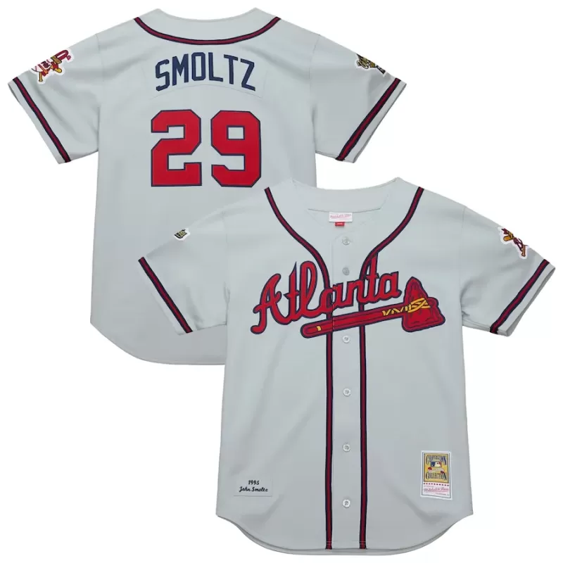 Men's Atlanta Braves John Smoltz Mitchell & Ness Gray 1995 Throwback Authentic Jersey Men's Atlanta Braves John Smoltz Mitchell & Ness Gray 1995 Throwback Authentic Jersey