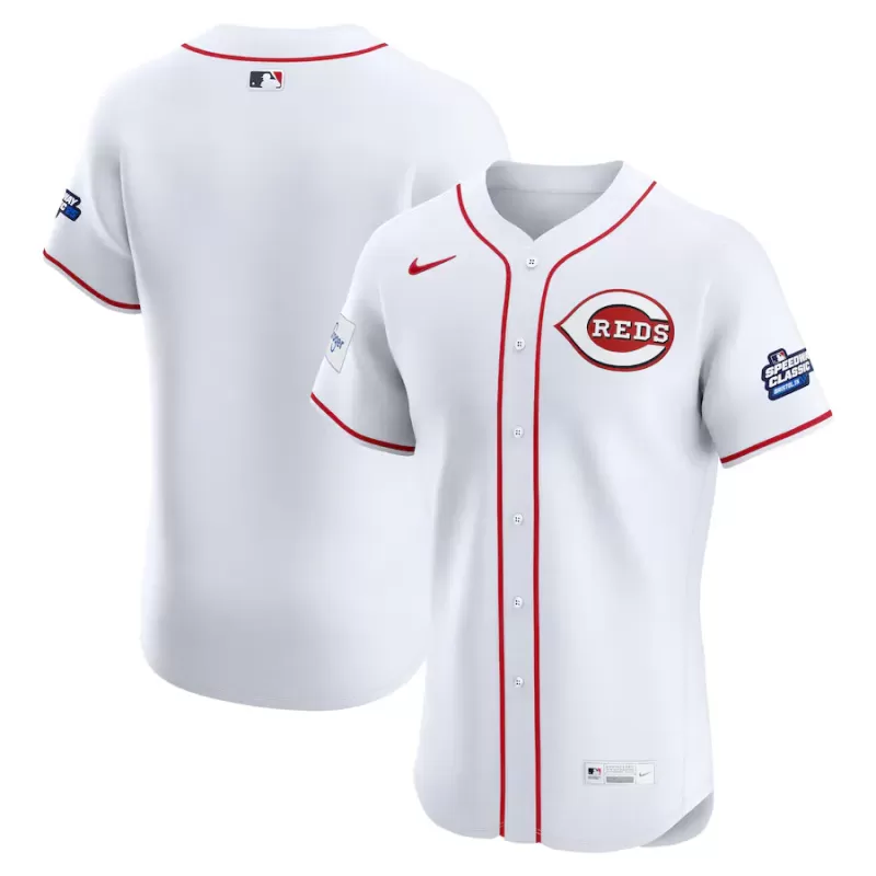 Men's Cincinnati Reds Nike White 2025 MLB Speedway Classic Home Elite Jersey Men's Cincinnati Reds Nike White 2025 MLB Speedway Classic Home Elite Jersey