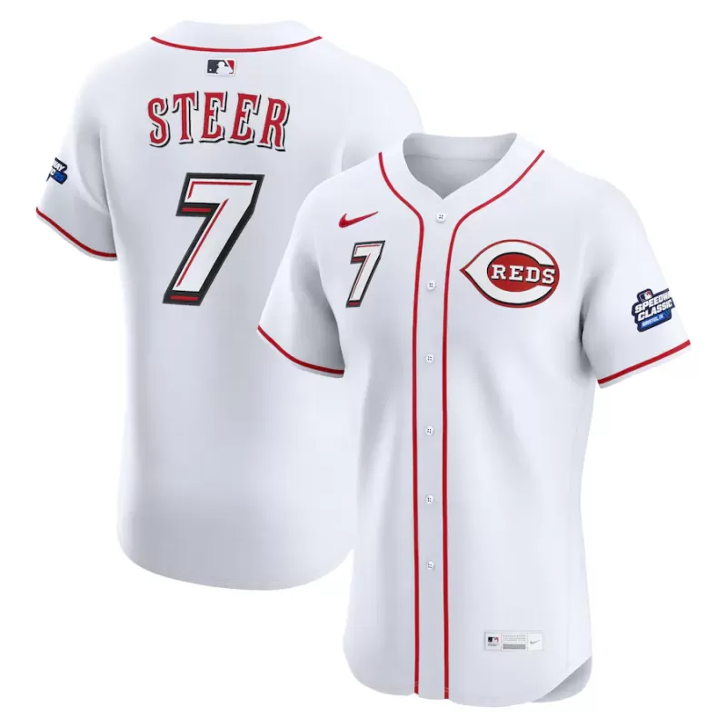 Men's Cincinnati Reds Spencer Steer Nike White 2025 MLB Speedway Classic Home Elite Player Jersey Men's Cincinnati Reds Spencer Steer Nike White 2025 MLB Speedway Classic Home Elite Player Jersey