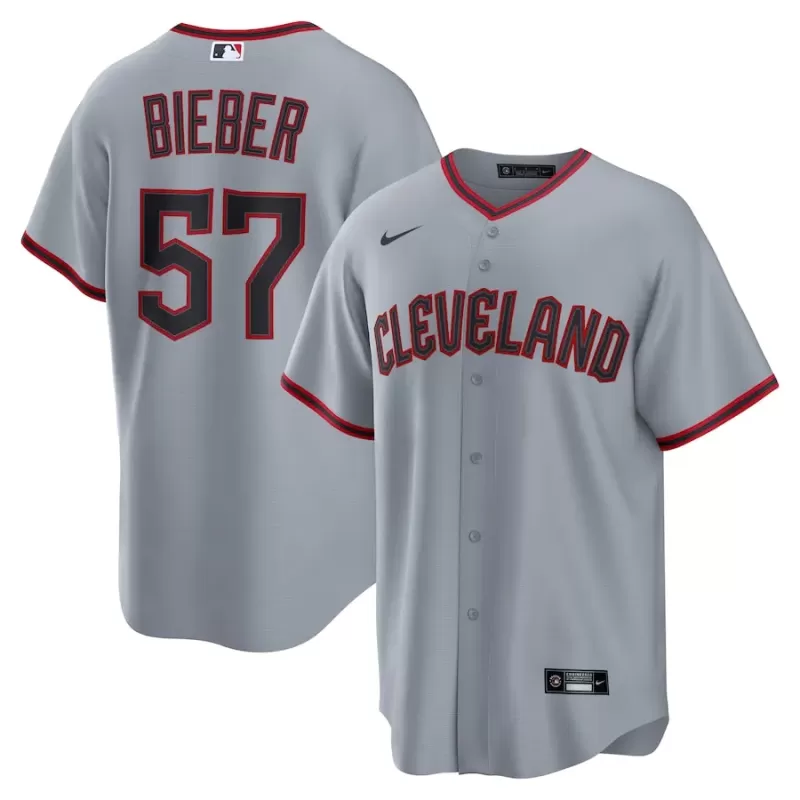 Men's Cleveland Guardians Shane Bieber Nike Gray Road Replica Jersey Men's Cleveland Guardians Shane Bieber Nike Gray Road Replica Jersey