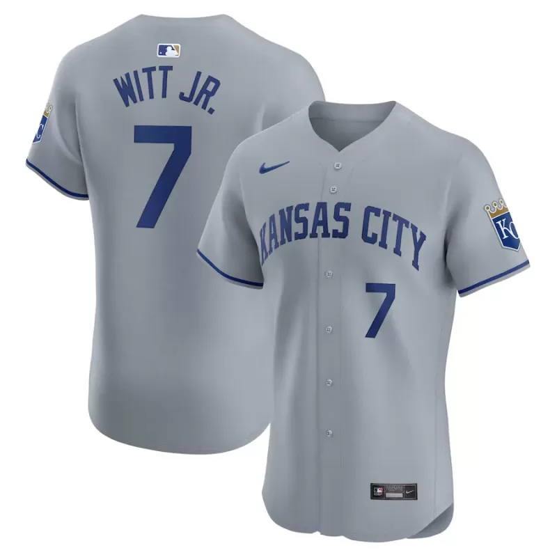 Men's Kansas City Royals Bobby Witt Jr. Nike Gray Road Elite Player Jersey Men's Kansas City Royals Bobby Witt Jr. Nike Gray Road Elite Player Jersey