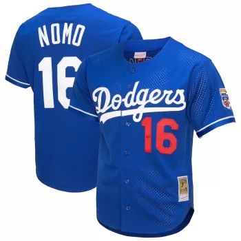 Men's Los Angeles Dodgers Hideo Nomo Mitchell & Ness Royal Cooperstown Collection Mesh Batting Practice Button-Up Jersey Men's Los Angeles Dodgers Hideo Nomo Mitchell & Ness Royal Cooperstown Collection Mesh Batting Practice Button-Up Jersey
