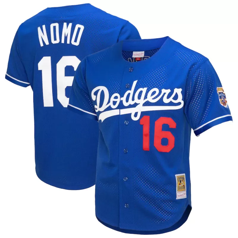 Men's Los Angeles Dodgers Hideo Nomo Mitchell & Ness Royal Cooperstown Collection Mesh Batting Practice Button-Up Jersey Men's Los Angeles Dodgers Hideo Nomo Mitchell & Ness Royal Cooperstown Collection Mesh Batting Practice Button-Up Jersey