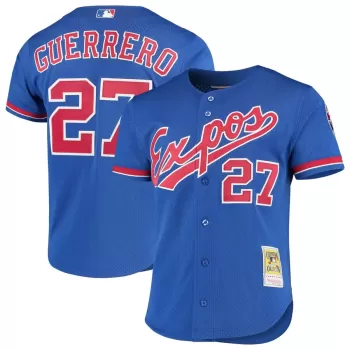 Men's Montreal Expos Vladimir Guerrero Mitchell & Ness Royal Cooperstown Collection Mesh Batting Practice Button-Up Jersey Men's Montreal Expos Vladimir Guerrero Mitchell & Ness Royal Cooperstown Collection Mesh Batting Practice Button-Up Jersey