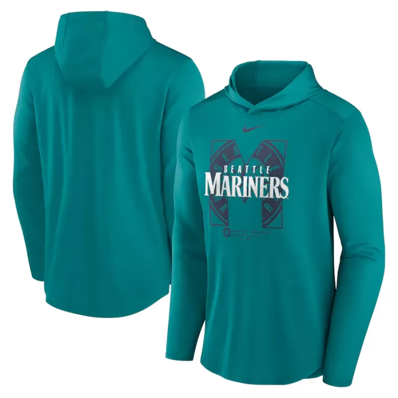 Men's Seattle Mariners Nike Aqua Team Letterman Performance Hooded Long Sleeve T-Shirt Men's Seattle Mariners Nike Aqua Team Letterman Performance Hooded Long Sleeve T-Shirt