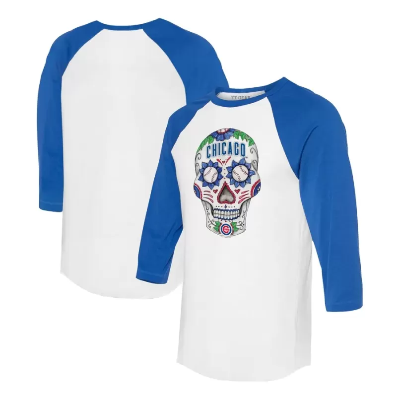 Unisex Chicago Cubs Tiny Turnip White/Royal Sugar Skull 3/4-Sleeve Raglan T-Shirt Unisex Chicago Cubs Tiny Turnip White/Royal Sugar Skull 3/4-Sleeve Raglan T-Shirt