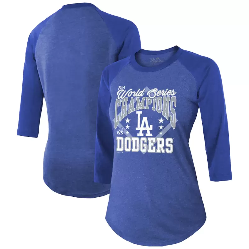 Women's Los Angeles Dodgers Majestic Threads Royal 2024 World Series Champions Tri-Blend 3/4-Sleeve Raglan T-Shirt Women's Los Angeles Dodgers Majestic Threads Royal 2024 World Series Champions Tri-Blend 3/4-Sleeve Raglan T-Shirt