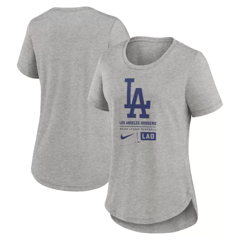 Women's Los Angeles Dodgers Nike Heather Gray Large Logo Stack Tri-Blend T-Shirt Women's Los Angeles Dodgers Nike Heather Gray Large Logo Stack Tri-Blend T-Shirt