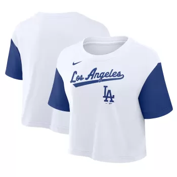 Women's Los Angeles Dodgers Nike White/Royal Script Cropped Performance T-Shirt Women's Los Angeles Dodgers Nike White/Royal Script Cropped Performance T-Shirt