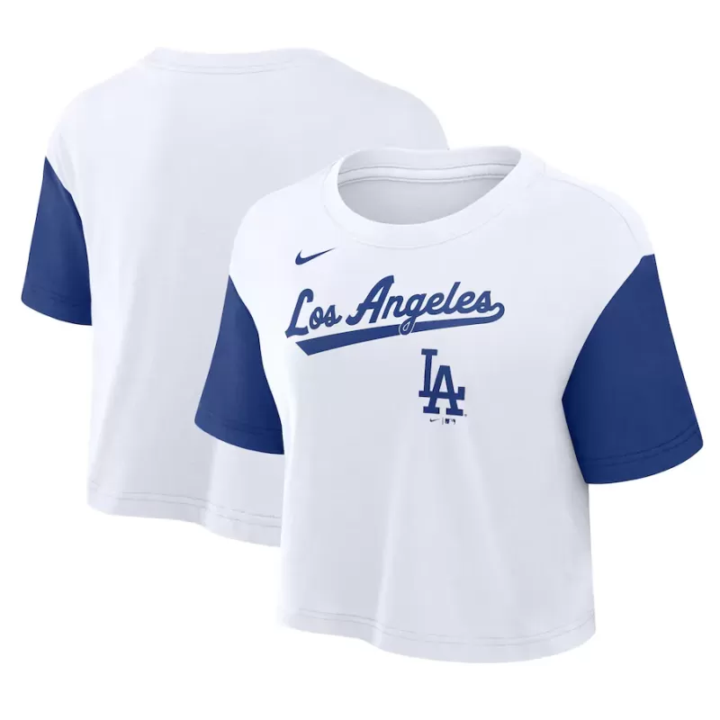 Women's Los Angeles Dodgers Nike White/Royal Script Cropped Performance T-Shirt Women's Los Angeles Dodgers Nike White/Royal Script Cropped Performance T-Shirt