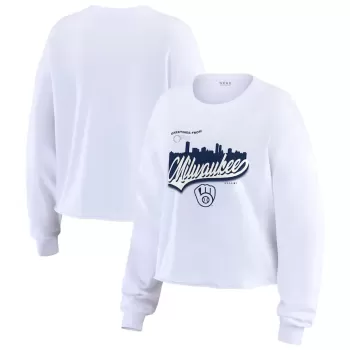 Women's Milwaukee Brewers WEAR by Erin Andrews White Domestic Postcard Long Sleeve T-Shirt Women's Milwaukee Brewers WEAR by Erin Andrews White Domestic Postcard Long Sleeve T-Shirt