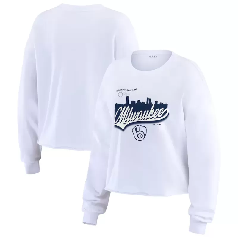Women's Milwaukee Brewers WEAR by Erin Andrews White Domestic Postcard Long Sleeve T-Shirt Women's Milwaukee Brewers WEAR by Erin Andrews White Domestic Postcard Long Sleeve T-Shirt