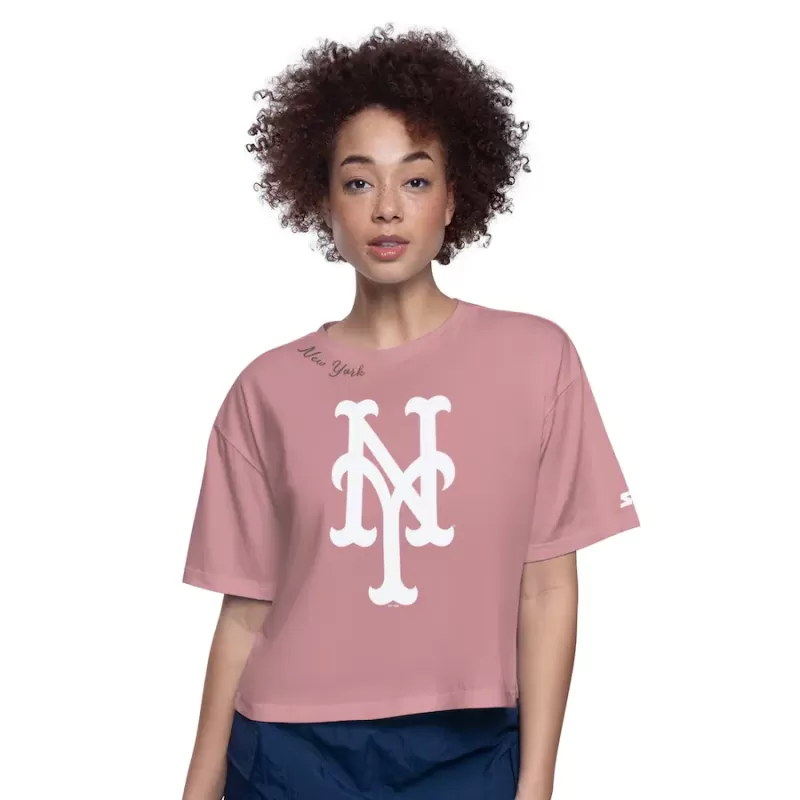 Women's New York Mets Starter Pink Play the Ball Boxy Cropped T-Shirt Women's New York Mets Starter Pink Play the Ball Boxy Cropped T-Shirt