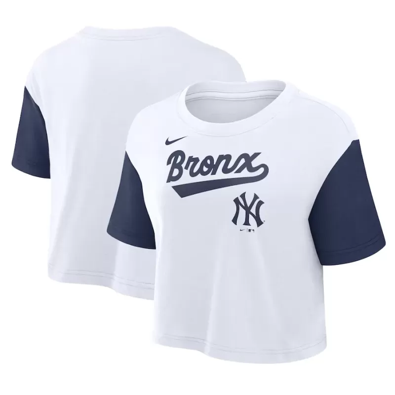 Women's New York Yankees Nike White/Navy Script Cropped Performance T-Shirt Women's New York Yankees Nike White/Navy Script Cropped Performance T-Shirt