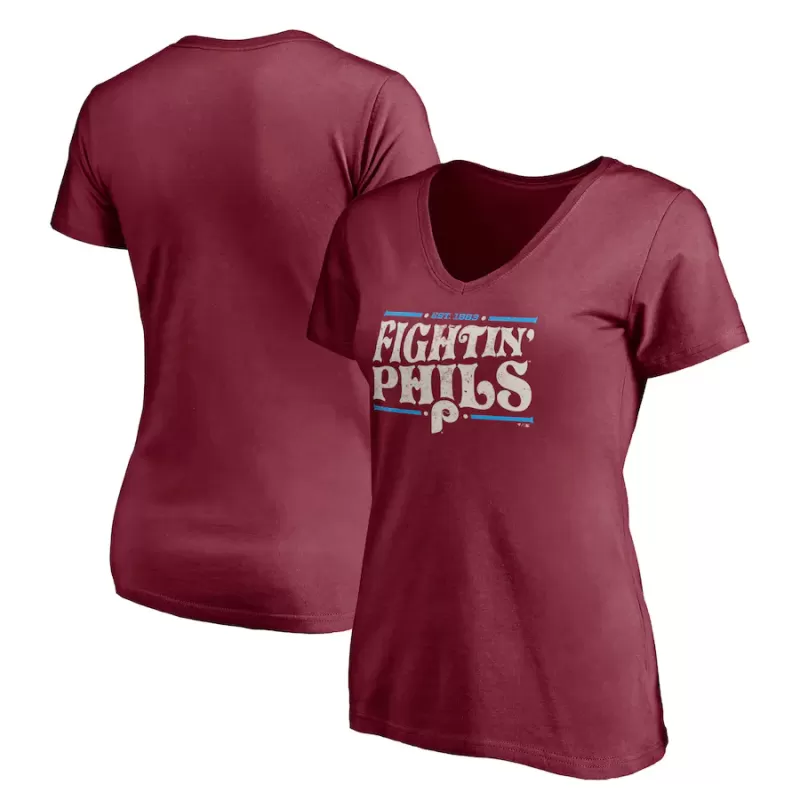 Women's Philadelphia Phillies Burgundy Fightin' Phils V-Neck T-Shirt Women's Philadelphia Phillies Burgundy Fightin' Phils V-Neck T-Shirt