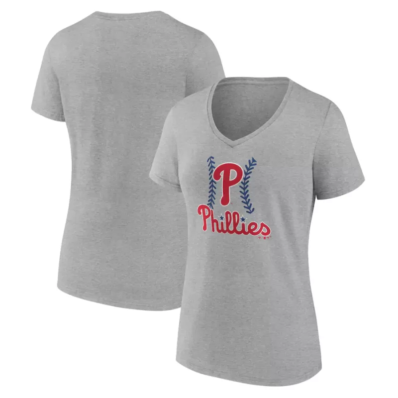 Women's Philadelphia Phillies Gray Fastball V-Neck T-Shirt Women's Philadelphia Phillies Gray Fastball V-Neck T-Shirt