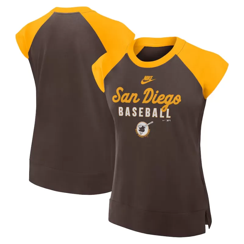 Women's San Diego Padres Nike Brown/Gold Cooperstown Collection Raglan Performance T-Shirt Women's San Diego Padres Nike Brown/Gold Cooperstown Collection Raglan Performance T-Shirt