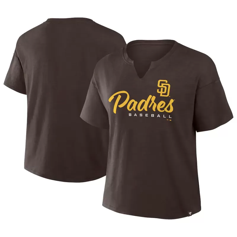 Women's San Diego Padres Profile Brown Plus Size Wordmark Notch Neck T-Shirt Women's San Diego Padres Profile Brown Plus Size Wordmark Notch Neck T-Shirt