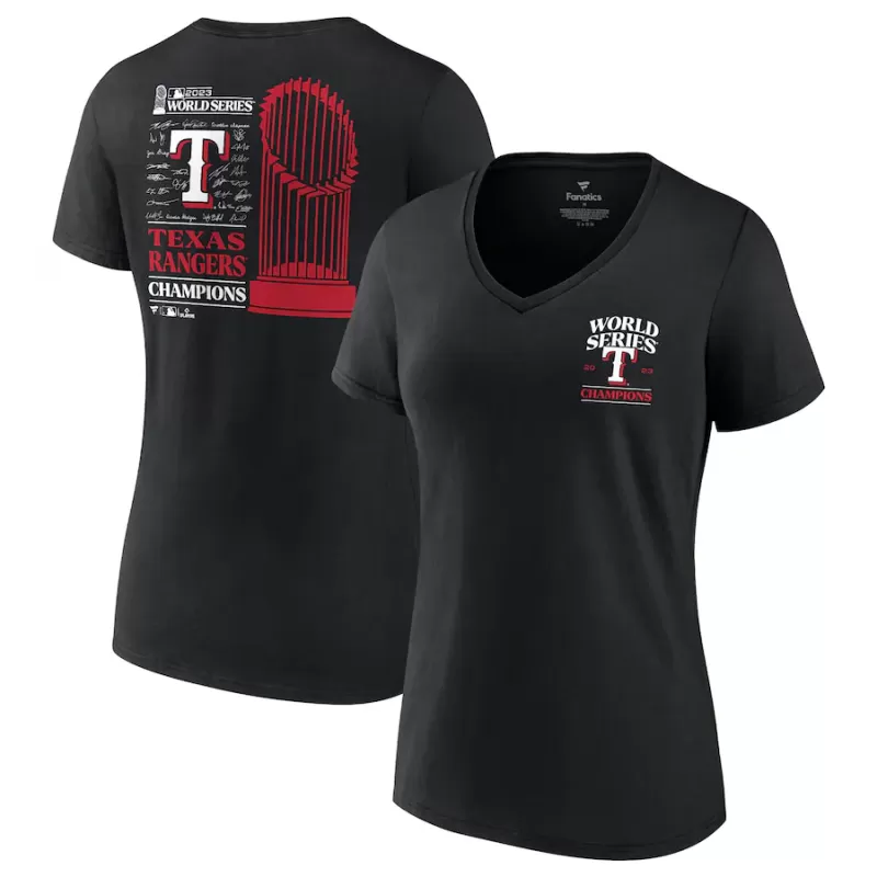 Women's Texas Rangers Fanatics Black 2023 World Series Champions Signature Roster V-Neck T-Shirt Women's Texas Rangers Fanatics Black 2023 World Series Champions Signature Roster V-Neck T-Shirt