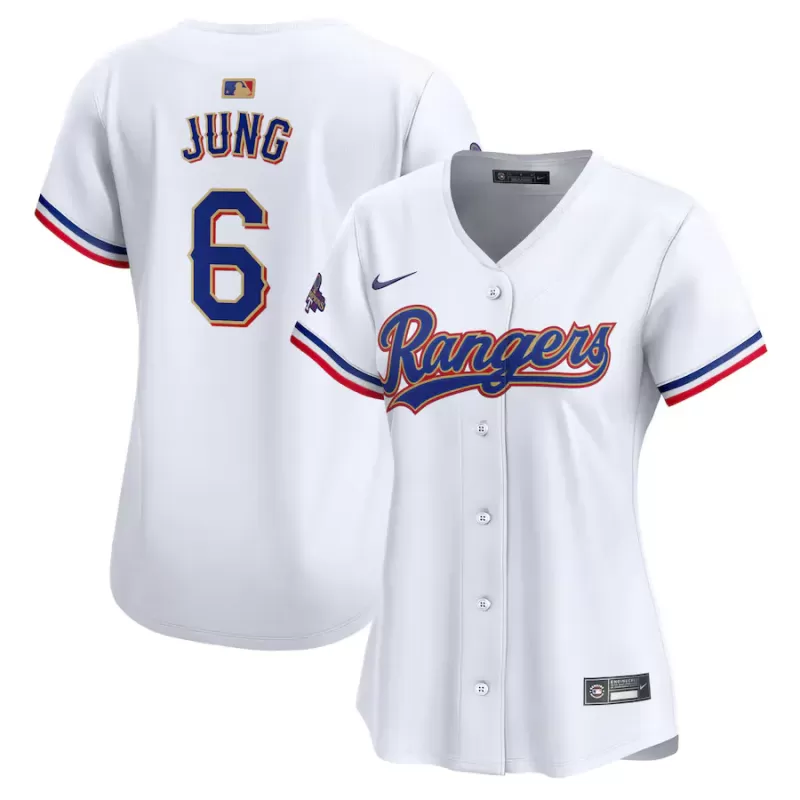 Women's Texas Rangers Josh Jung Nike White 2024 Gold Collection Limited Player Jersey Women's Texas Rangers Josh Jung Nike White 2024 Gold Collection Limited Player Jersey