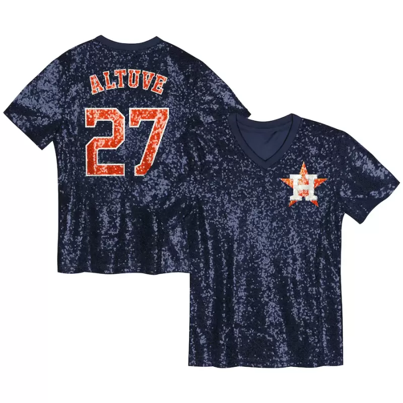 Juniors Houston Astros Jose Altuve Navy Name & Number Sequin V-Neck Top Juniors Houston Astros Jose Altuve Navy Name & Number Sequin V-Neck Top