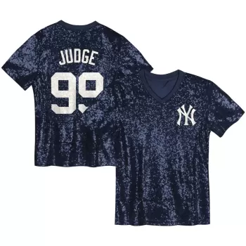 Juniors New York Yankees Aaron Judge Navy Name & Number Sequin V-Neck Top Juniors New York Yankees Aaron Judge Navy Name & Number Sequin V-Neck Top