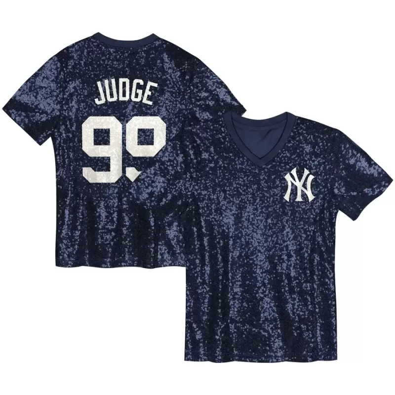 Juniors New York Yankees Aaron Judge Navy Name & Number Sequin V-Neck Top Juniors New York Yankees Aaron Judge Navy Name & Number Sequin V-Neck Top