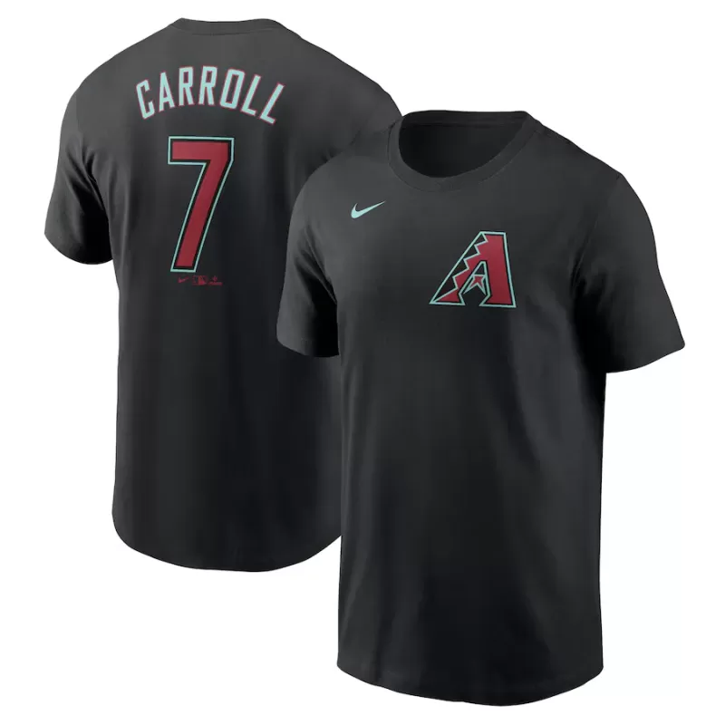 Men's Arizona Diamondbacks Corbin Carroll Nike Black 2024 Fuse Name & Number T-Shirt Men's Arizona Diamondbacks Corbin Carroll Nike Black 2024 Fuse Name & Number T-Shirt