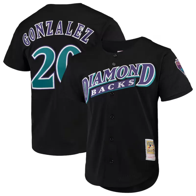 Men's Arizona Diamondbacks Luis Gonzalez Mitchell & Ness Black Cooperstown Collection Mesh Batting Practice Button-Up Jersey Men's Arizona Diamondbacks Luis Gonzalez Mitchell & Ness Black Cooperstown Collection Mesh Batting Practice Button-Up Jersey