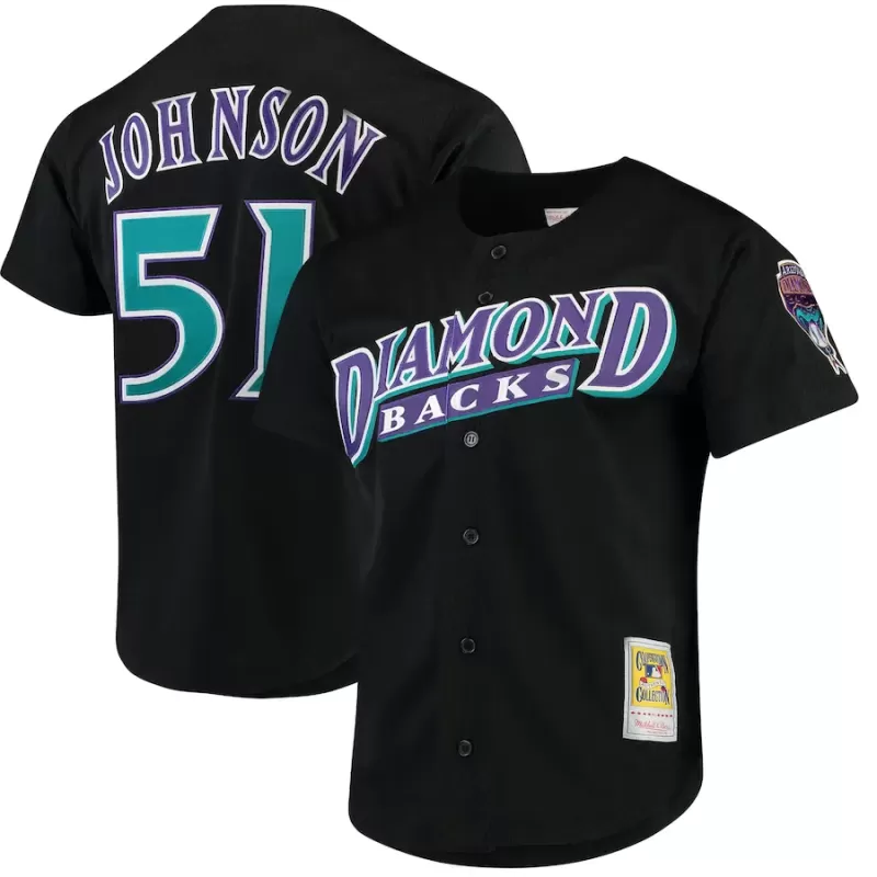 Men's Arizona Diamondbacks Randy Johnson Mitchell & Ness Black Cooperstown Collection Mesh Batting Practice Button-Up Jersey Men's Arizona Diamondbacks Randy Johnson Mitchell & Ness Black Cooperstown Collection Mesh Batting Practice Button-Up Jersey