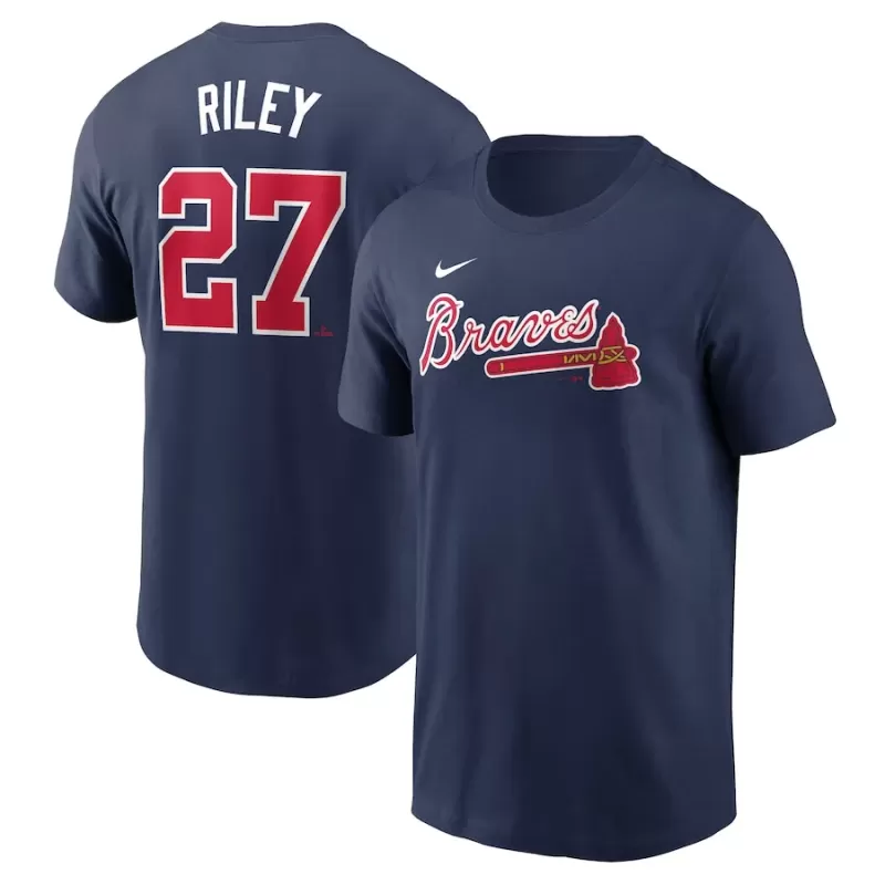 Men's Atlanta Braves Austin Riley Nike Navy Fuse Name & Number T-Shirt Men's Atlanta Braves Austin Riley Nike Navy Fuse Name & Number T-Shirt