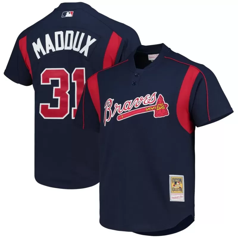Men's Atlanta Braves Greg Maddux Mitchell & Ness Navy Cooperstown Collection Mesh Batting Practice Button-Up Jersey Men's Atlanta Braves Greg Maddux Mitchell & Ness Navy Cooperstown Collection Mesh Batting Practice Button-Up Jersey