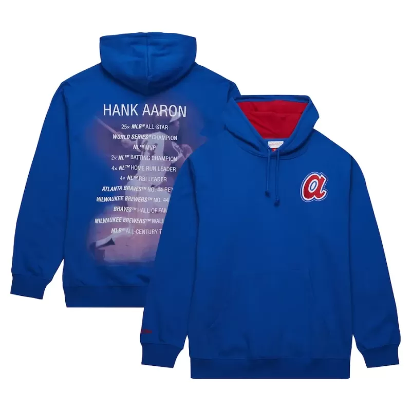 Men's Atlanta Braves Hank Aaron Mitchell & Ness Royal Vintage Logo Name & Number Pullover Hoodie Men's Atlanta Braves Hank Aaron Mitchell & Ness Royal Vintage Logo Name & Number Pullover Hoodie