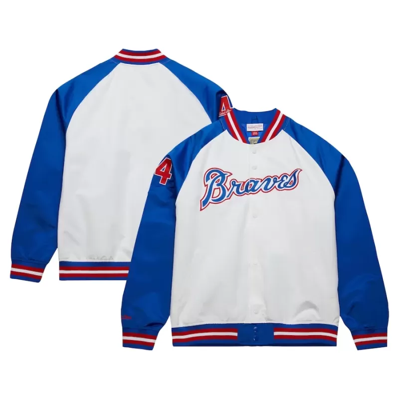 Men's Atlanta Braves Hank Aaron Mitchell & Ness White/Royal Cooperstown Collection Legends Lightweight Satin Raglan Full-Snap Jacket Men's Atlanta Braves Hank Aaron Mitchell & Ness White/Royal Cooperstown Collection Legends Lightweight Satin Raglan Full-Snap Jacket