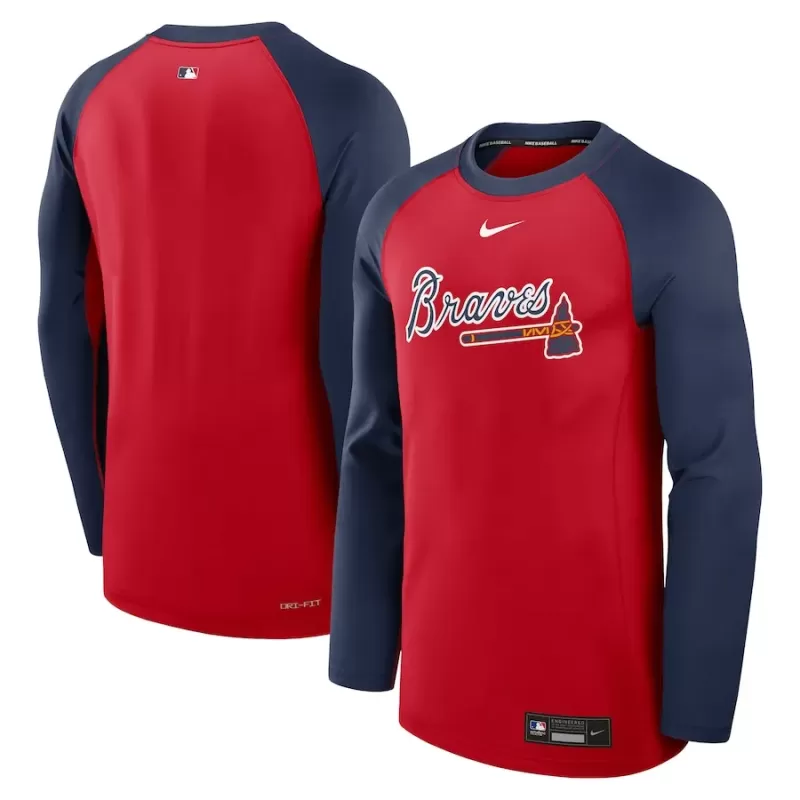 Men's Atlanta Braves Nike Red/Navy Authentic Collection Game Time Raglan Performance Long Sleeve T-Shirt