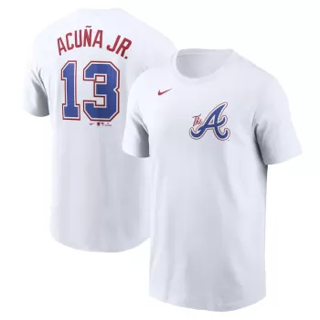 Men's Atlanta Braves Ronald Acuña Jr. Nike White City Connect Fuse Name & Number T-Shirt Men's Atlanta Braves Ronald Acuña Jr. Nike White City Connect Fuse Name & Number T-Shirt