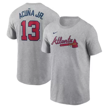 Men's Atlanta Braves Ronald Acuña Jr. Nike Gray Fuse Name & Number T-Shirt Men's Atlanta Braves Ronald Acuña Jr. Nike Gray Fuse Name & Number T-Shirt