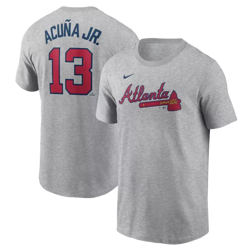 Men's Atlanta Braves Ronald Acuña Jr. Nike Gray Fuse Name & Number T-Shirt Men's Atlanta Braves Ronald Acuña Jr. Nike Gray Fuse Name & Number T-Shirt