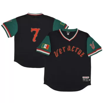 Men's Azules de Veracruz #7 Rings & Crwns Black/Green Mesh Replica V-Neck Jersey Men's Azules de Veracruz #7 Rings & Crwns Black/Green Mesh Replica V-Neck Jersey