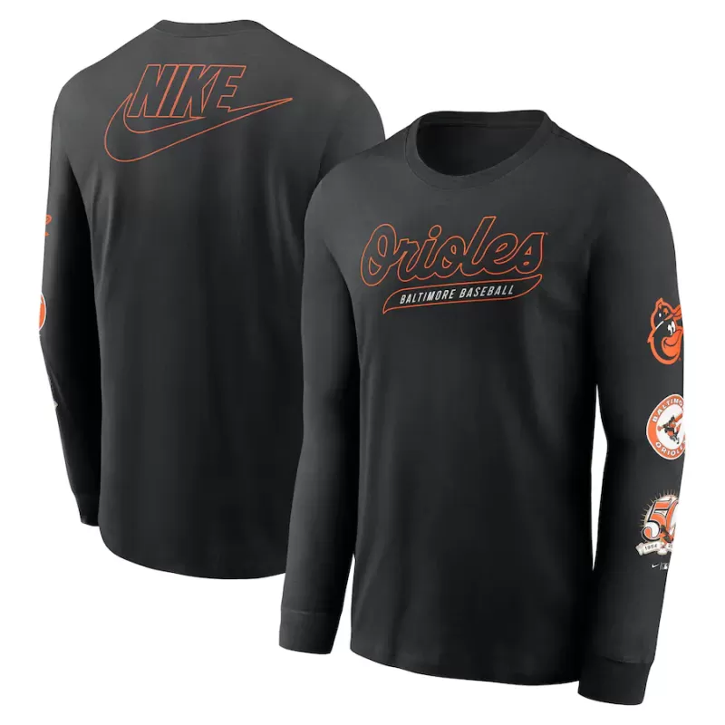 Men's Baltimore Orioles Nike Black Cooperstown Collection Knockout Long Sleeve T-Shirt Men's Baltimore Orioles Nike Black Cooperstown Collection Knockout Long Sleeve T-Shirt