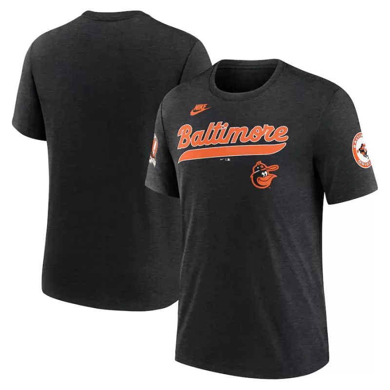 Men's Baltimore Orioles Nike Heather Black Cooperstown Collection Eras Tri-Blend T-Shirt Men's Baltimore Orioles Nike Heather Black Cooperstown Collection Eras Tri-Blend T-Shirt