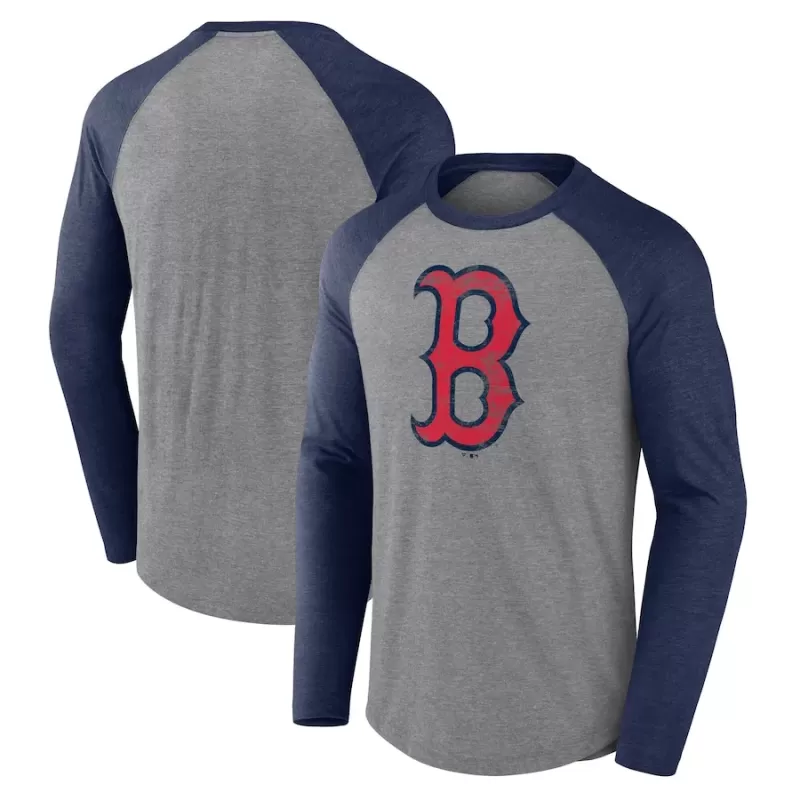 Men's Boston Red Sox Fanatics Heather Gray/Heather Navy Weathered Logo Tri-Blend Raglan Long Sleeve T-Shirt Men's Boston Red Sox Fanatics Heather Gray/Heather Navy Weathered Logo Tri-Blend Raglan Long Sleeve T-Shirt