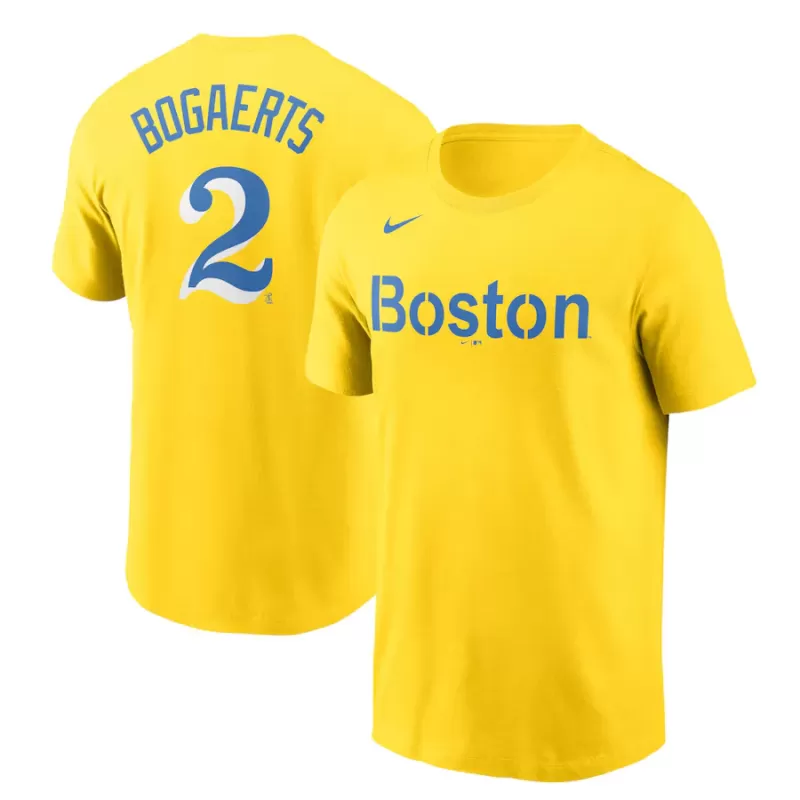 Men's Boston Red Sox Xander Bogaerts Nike Gold City Connect Name & Number T-Shirt Men's Boston Red Sox Xander Bogaerts Nike Gold City Connect Name & Number T-Shirt