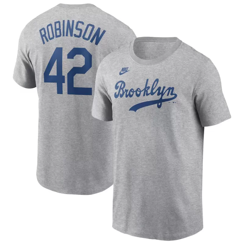 Men's Brooklyn Dodgers Jackie Robinson Nike Heather Gray Cooperstown Collection Fuse Name & Number T-Shirt Men's Brooklyn Dodgers Jackie Robinson Nike Heather Gray Cooperstown Collection Fuse Name & Number T-Shirt