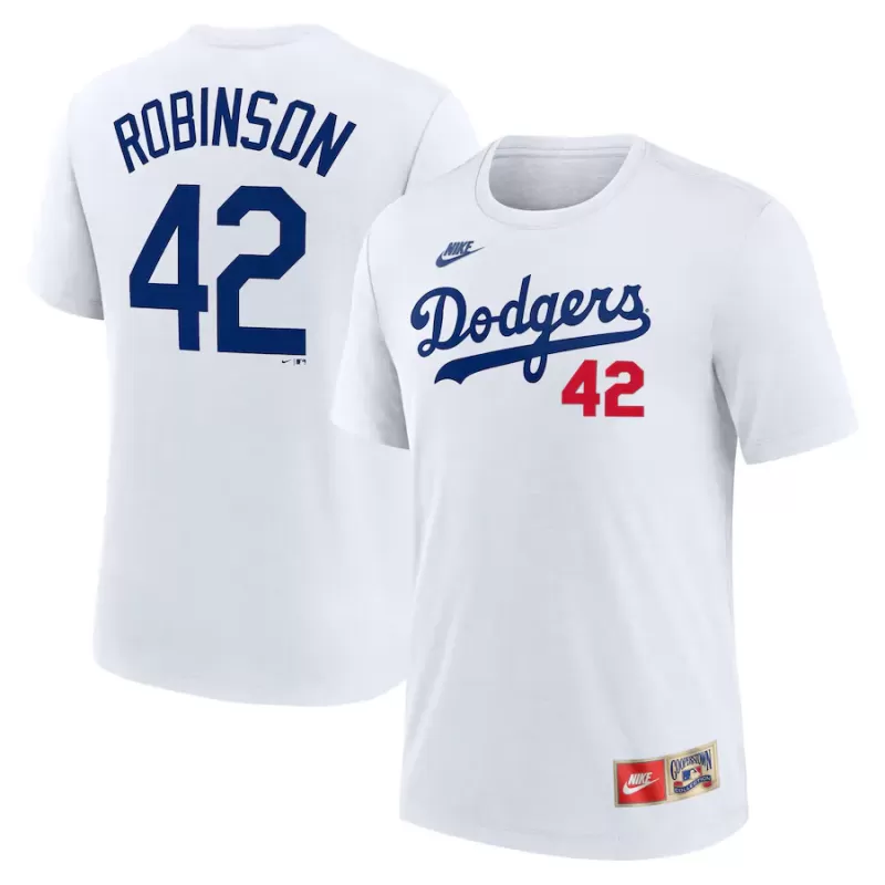 Men's Brooklyn Dodgers Jackie Robinson Nike White Cooperstown Collection Tri-Blend Name & Number T-Shirt Men's Brooklyn Dodgers Jackie Robinson Nike White Cooperstown Collection Tri-Blend Name & Number T-Shirt