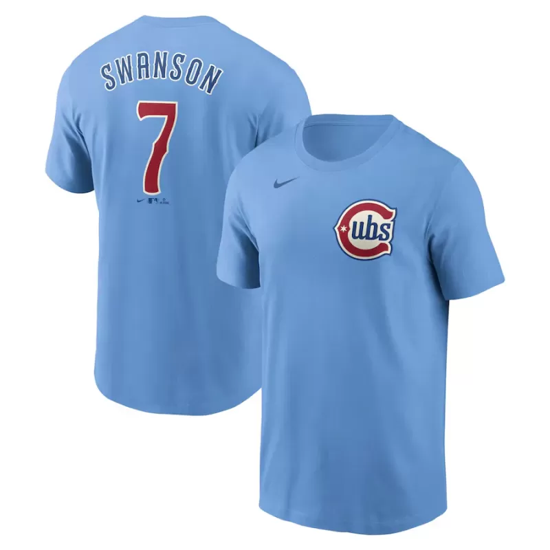 Men's Chicago Cubs Dansby Swanson Nike Baby Blue Fuse Name & Number T-Shirt Men's Chicago Cubs Dansby Swanson Nike Baby Blue Fuse Name & Number T-Shirt