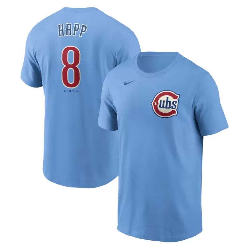 Men's Chicago Cubs Ian Happ Nike Baby Blue Fuse Name & Number T-Shirt