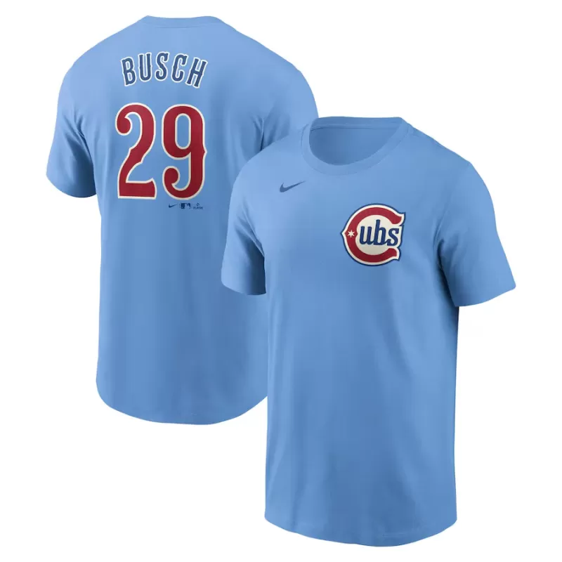 Men's Chicago Cubs Michael Busch Nike Baby Blue Fuse Name & Number T-Shirt Men's Chicago Cubs Michael Busch Nike Baby Blue Fuse Name & Number T-Shirt