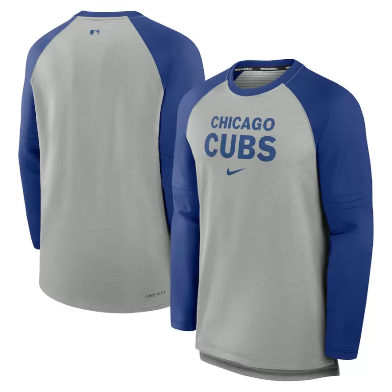 Men's Chicago Cubs Nike Heather Gray/Royal Authentic Collection Game Time Raglan Performance Long Sleeve T-Shirt Men's Chicago Cubs Nike Heather Gray/Royal Authentic Collection Game Time Raglan Performance Long Sleeve T-Shirt