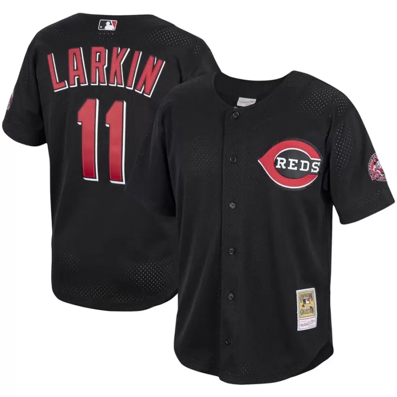 Men's Cincinnati Reds Barry Larkin Mitchell & Ness Black Cooperstown Collection Mesh Batting Practice Button-Up Jersey Men's Cincinnati Reds Barry Larkin Mitchell & Ness Black Cooperstown Collection Mesh Batting Practice Button-Up Jersey
